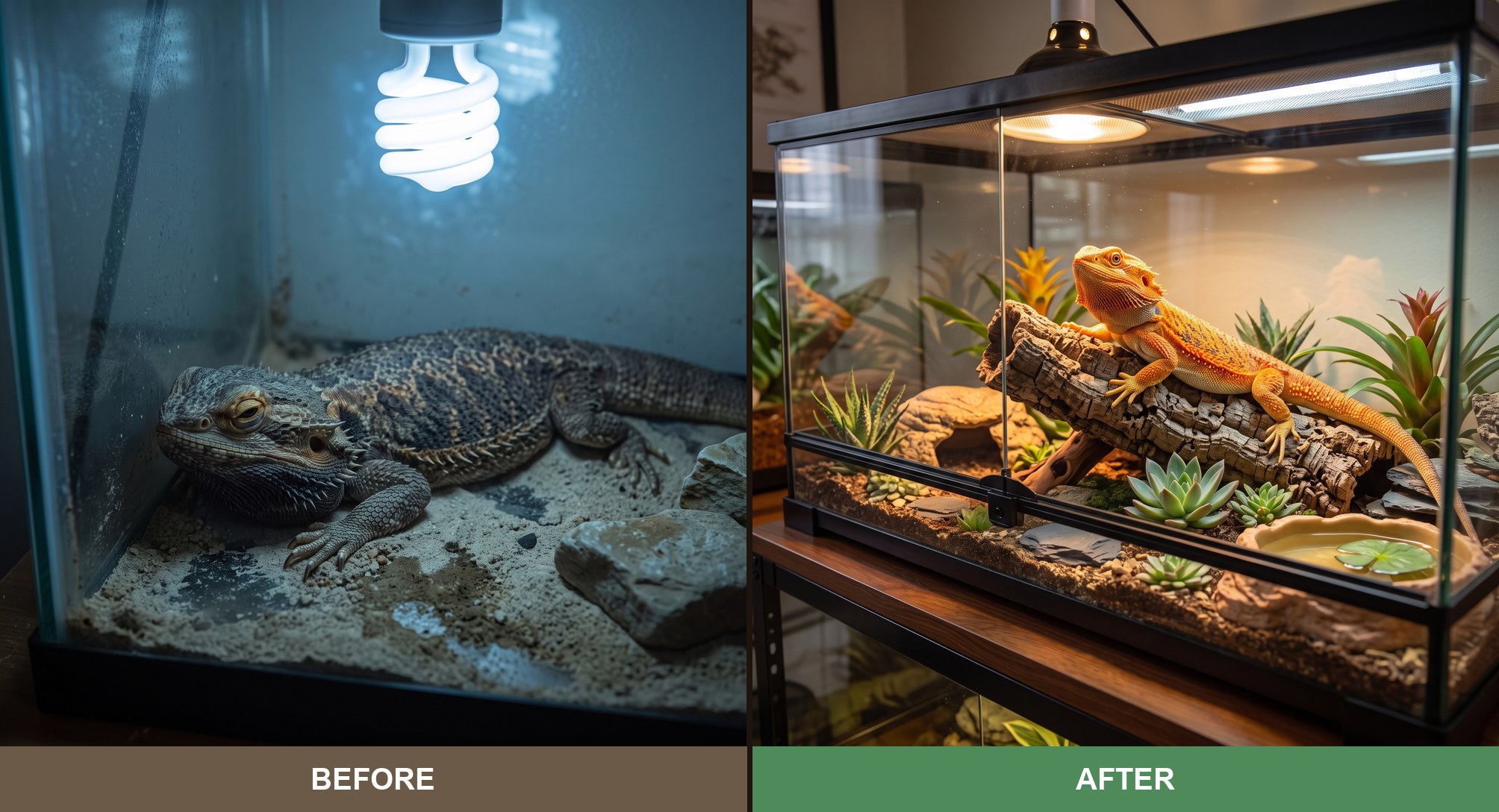 Before and after: a stressed dragon in a poor setup versus a vibrant, thriving dragon in a correct setup