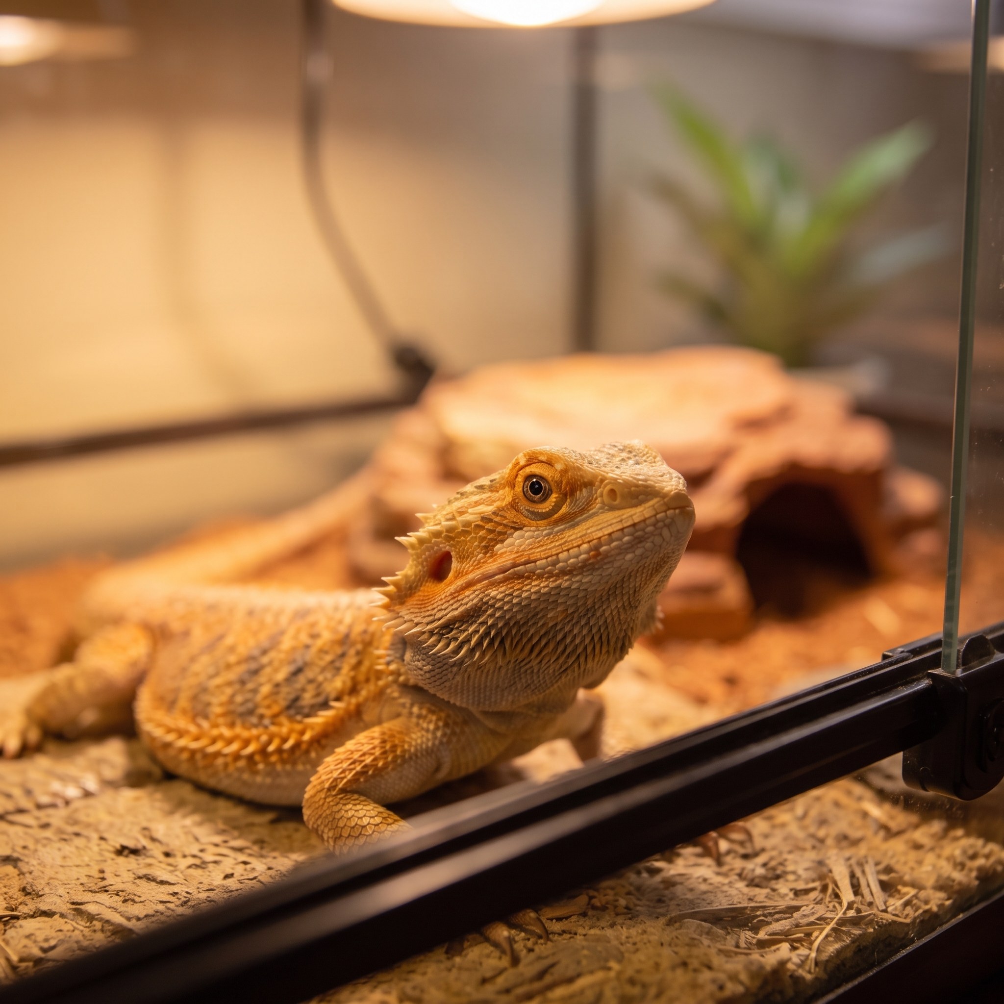 A healthy, alert bearded dragon basking under a warm light